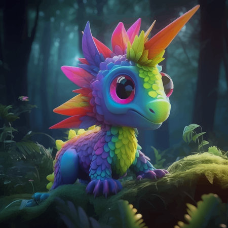 Super Cute little rainbow colored baby dragon in the forest. Funny cartoon character monster with big eyes. Fantasy. 3D vector illustration. Image. Digital painting.の写真素材