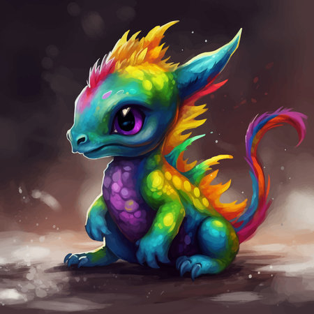 Super Cute little rainbow colored baby dragon. Isolated. Funny cartoon character monster with big eyes. Fantasy. 3D vector illustration. Image. Digital painting.の写真素材