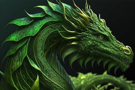 Head of green fantasy dragon. Mythological creatures. Fantastic monster. Ancient reptile. 3D vector illustration. Image. Digital painting.の写真素材