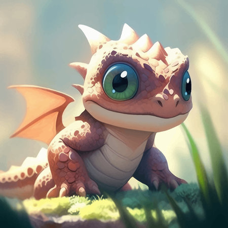 Cute little baby dragon. Sunny day. Funny cartoon character monster with big green eyes. Fantasy. Fairy tale. 3D illustrationの写真素材