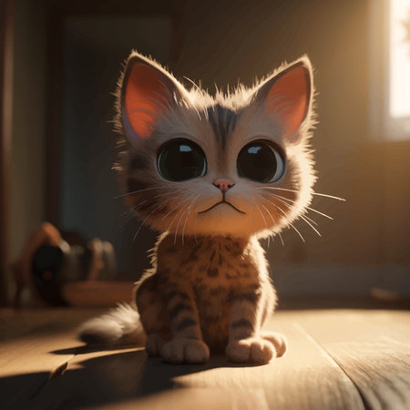 Super Cute little baby cat. White Kitty with big eyes. Funny cartoon character. 3D Vector illustration.の写真素材