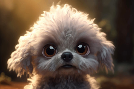 Adorable Maltese dog with captivating big eyes sitting. Super cute and fluffy furry friend resembling a funny cartoon character. 3D Digital paintingの写真素材