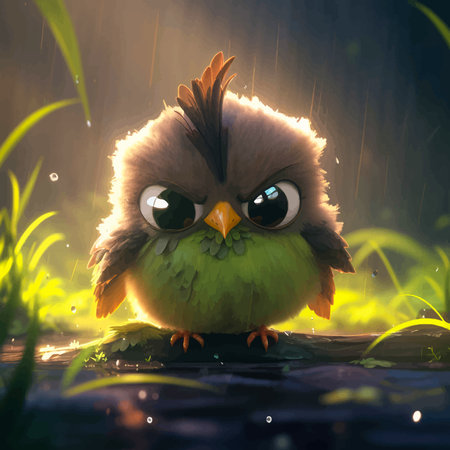 Adorable Green owl owl sitting in the rain. Cute little cartoon bird with big eyes in the forest. Funny Fairy tale character. Fantasy petite bird. 3D illustrationの写真素材
