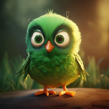 Cute cartoon green bird with big eyes on a green background.の写真素材