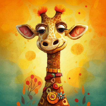 Giraffe with a big smiles on its face wearing a bright creative costume. 3D vector illustrationの写真素材