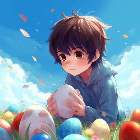 Cute and charming little boy, playing with Easter eggs in a picturesque green meadow against the...