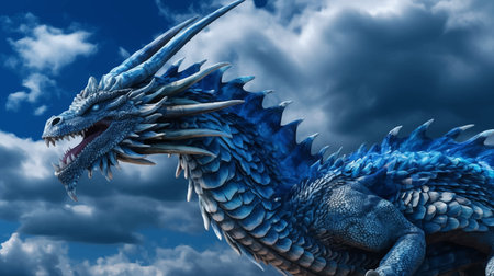 Fierce Ice Blue Fantasy Dragon in the sky with clouds. Standing tall and proud. Full body. Mythical creatures. Ancient reptile. Digital paintingの写真素材