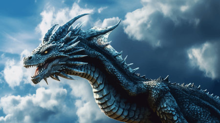 Fierce Ice Blue Fantasy Dragon in the sky with clouds. Standing tall and proud. Full body. Mythical...