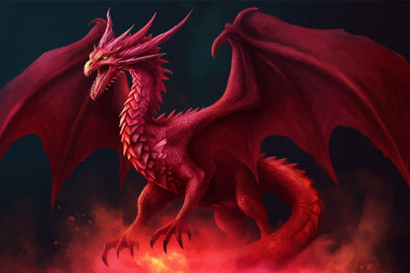 Fierce Fire Red Fantasy Dragon on a dark background. Standing tall and proud with its wings spread wide. Full body. Mythical creatures. Ancient reptile. 3D vector paintingの写真素材