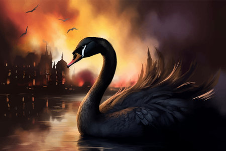 Black swan against the background of an explosion, Fire. Burning City. Symbol of catastrophe, collapse. Herald of Trouble. Fantasy scene with flames. 3d vector illustrationの写真素材