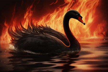 Black swan. Symbol of catastrophe, collapse. Herald of Trouble. Fantasy scene with flames. A bird swims in a lake with fire. 3d vector illustrationの写真素材