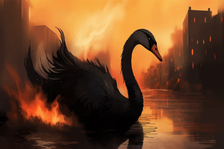 Black swan against the background of an explosion, Fire. Burning City. Symbol of catastrophe, collapse. Herald of Trouble. Fantasy scene with flames. 3d vector illustrationの写真素材