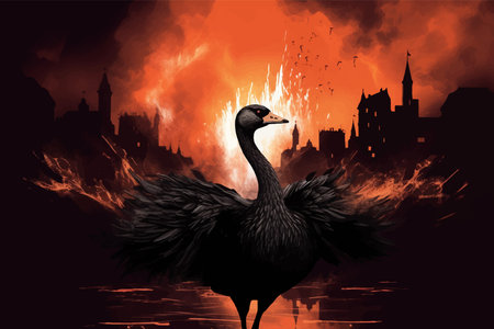 Black swan with spread wings against the background of explosion, Fire. Burning. Symbol of catastrophe, collapse. Herald of Trouble. Fantasy scene with flames. 3d vector paintingの写真素材