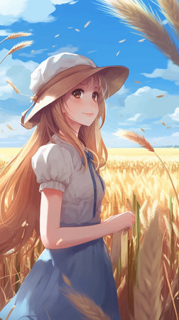 Beautiful Cute Blonde Girl in a Straw Hat on a Wheat Field, Against a Blue Sky. Anime, Manga Style. Cartoon scene. Sunny day. Summer landscape. 3D vector illustration.の写真素材