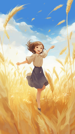 Happy little girl jumping in wheat field. Anime, Manga style. Vector illustationの写真素材