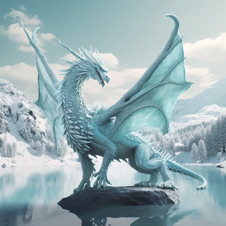 Fierce Ice Fantasy Dragon. Stands tall and proud with its wings spread wide, Surrounded by ice and snow. Full body. Mythical creatures. Ancient reptile. 3D Digital artの写真素材