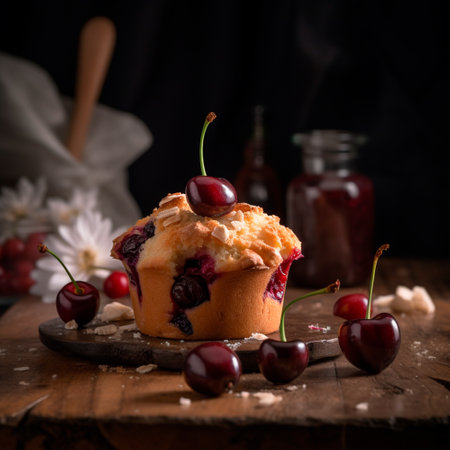 Homemade cherry muffin with fresh cherries on a dark wooden table background. Fresh pastries. 3d render Illustrationの素材