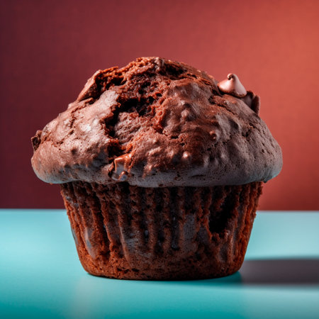 Chocolate Muffin with chocolate chips on a solid background with copy space for text. Fresh pastries. 3D render. Illustrationの素材
