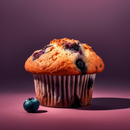 Blueberry muffin with blueberries. Isolated on solid background with copy space for text. One cupcake. Homemade fresh pastries. 3D render. Illustration. Generated Aiの素材