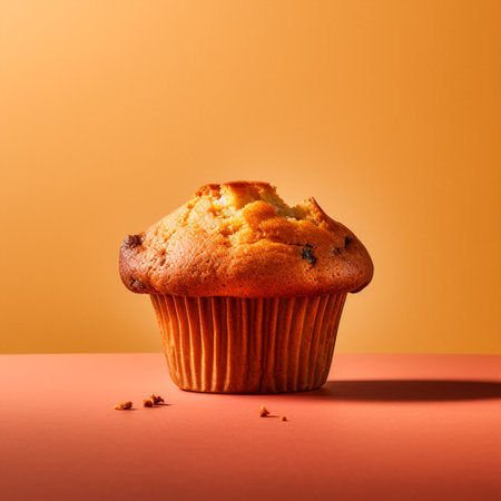 Freshly baked muffin. Bright colors. Isolated on solid background with copy space for text. One cupcake. Homemade fresh pastries. 3D Illustration. Generated Aiの素材