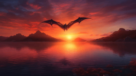 Fantasy Red Dragon is flying, soars over the sea at sunset with its wings spread wide. Fantastic...