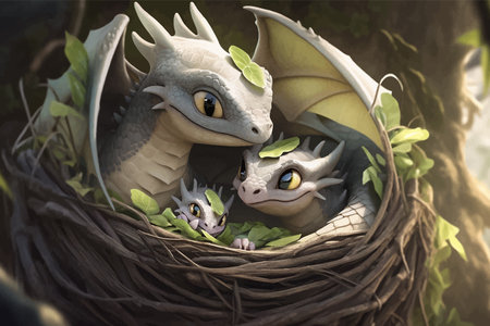 Dragon family is sleeping in a nest. Baby dragons and their parents in the forest. Super cute fantasy monster. Funny cartoon character. Fabulous scene. Legend and fairy tale. 3dの素材