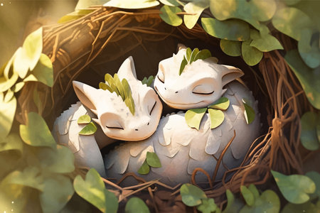 Dragon family is sleeping in a nest. Baby dragons and their parents in the forest. Super cute fantasy monster. Funny cartoon character. Fabulous scene. Legend and fairy tale. 3dの素材