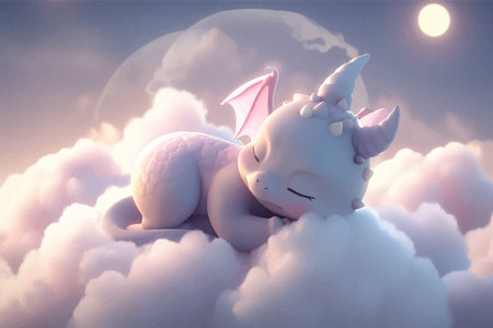 Super cute little baby dragon is sleeping on the clouds. Fantasy monster in the sky. Cartoon character. Fairy tale. Soft tones. 3d digital vector illustration for childrenの写真素材