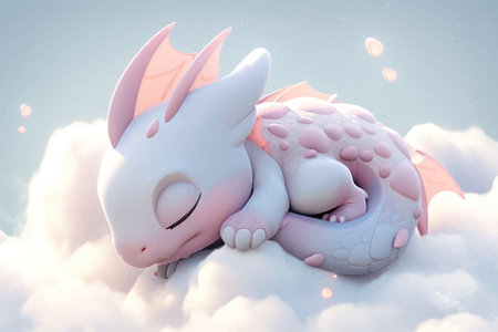 Super cute little baby dragon is sleeping on the clouds. Fantasy monster in the sky. Cartoon character. Fairy tale. Soft tones. 3d digital vector illustration for childrenの写真素材