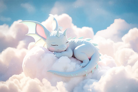 Super cute little baby dragon is sleeping on the clouds. Fantasy monster in the sky. Cartoon character. Fairy tale. Soft tones. 3d digital vector illustration for childrenの写真素材