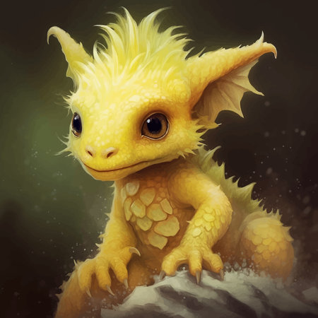 Super cute yellow little baby dragon with big eyes sitting on a rock. Fantasy monster. Cartoon character. Fairy tale. 3d digital illustration for childrenの写真素材