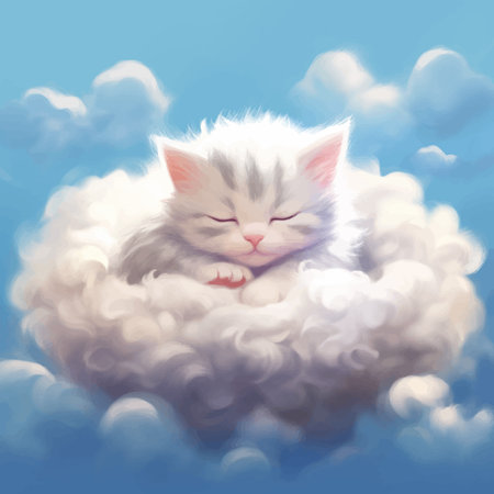 Super cute little kitten is sleeping on the clouds. Funny cat. Kitty. Fantasy Cartoon character in the sky. Fairy tale. Soft colors. 3d digital vector illustration for childrenの写真素材