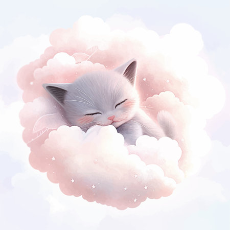 Super cute little kitten is sleeping on the clouds. Funny cat. Kitty. Fantasy Cartoon character in the sky. Fairy tale. Soft colors. 3d digital vector illustration for childrenの写真素材