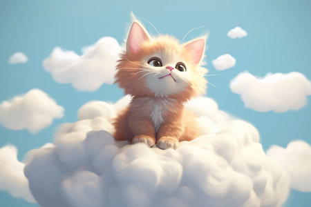 Super cute red little kitten is sitting on the clouds. Funny cat. Kitty. Fantasy Cartoon character in the sky. Fairy tale. Soft colors. 3d digital vector illustration for childrenの写真素材
