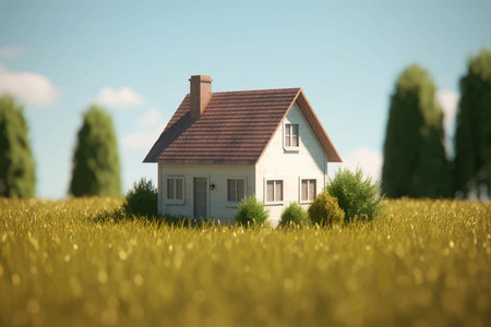 Charming old house on a green meadow with a wooden fence. Green field with small cozy wooden house. 3D model. Isolated. Vintage style. Vector Digital Illustrationの写真素材
