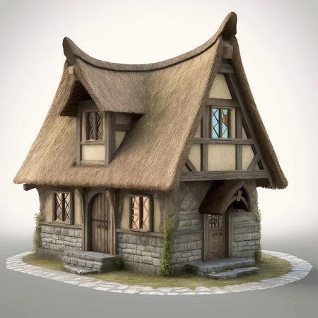 Charming old house on a green meadow with a wooden fence. Green field with small cozy wooden house. 3D model. Isolated. Vintage style. Vector Digital Illustrationの写真素材