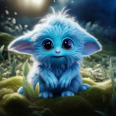 Cute Blue Alien with big black eyes. Funny fluffy cartoon character. Fantasy fluffy little monster. Baby Cat. Kitty. Legend and Fairy Tale. 3D Digital illustrationの写真素材