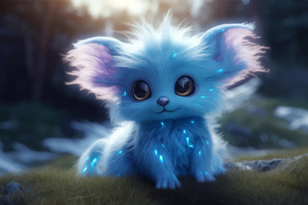 Cute Blue Alien with big black eyes. Funny fluffy cartoon character. Fantasy fluffy little monster....