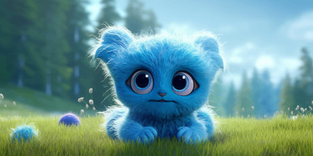 Cute Blue Alien with big black eyes. Funny fluffy cartoon character. Fantasy fluffy little monster. Baby Cat. Kitty. Legend and Fairy Tale. 3D Digital illustrationの写真素材