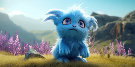 Cute Blue Alien with big black eyes. Funny fluffy cartoon character. Fantasy fluffy little monster. Baby Cat. Kitty. Legend and Fairy Tale. 3D Digital illustrationの写真素材