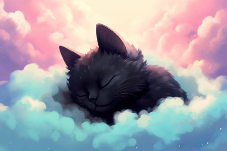 Super cute black little kitten is sleeping on the clouds. Funny cat. Kitty. Fantasy Cartoon character in the sky. Fairy tale. Soft colors. 3d vector illustration for childrenの写真素材