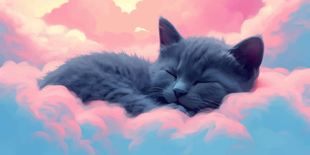 Super cute black little kitten is sleeping on the clouds. Funny cat. Kitty. Fantasy Cartoon character in the sky. Fairy tale. Soft colors. 3d vector illustration for childrenの写真素材