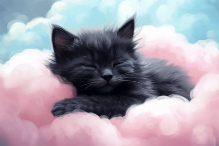 Super cute black little kitten is sleeping on the clouds. Funny cat. Kitty. Fantasy Cartoon character in sky. Fairy tale. Soft colors. 3d digital vector illustration for childrenの写真素材