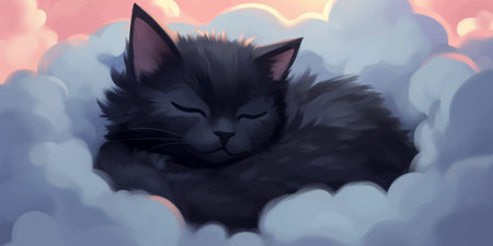 Super cute black little kitten is sleeping on the clouds. Funny cat. Kitty. Fantasy Cartoon character in sky. Fairy tale. Soft colors. 3d digital vector illustration for childrenの写真素材