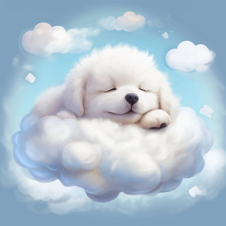 Super cute fluffy puppy is sleeping on the clouds. Funny little dog is lying on a soft pillow. Pup. Cartoon character in sky. Fairy tale. Soft colors. 3d illustration for childrenの写真素材