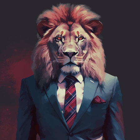 Cool Lion in suit and tie. luxurious mane. Isolated on solid background. Business concept. Fashionable animals. Head. Boss. Portrait. Bright colors. Copy Space. 3d illustrationの写真素材