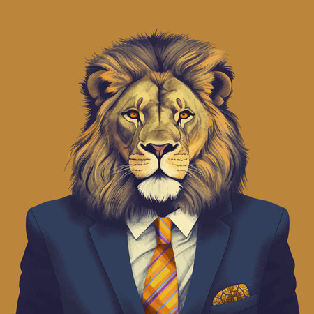 Cool Lion in suit and tie. luxurious mane. Isolated on solid background. Business concept. Fashionable animals. Head. Boss. Portrait. Bright colors. Copy Space. 3d illustrationの写真素材