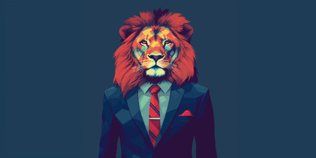 Cool Lion in suit and tie. luxurious mane. Isolated on solid background. Business concept. Fashionable animals. Head. Boss. Portrait. Bright colors. Copy Space. 3d illustrationの写真素材