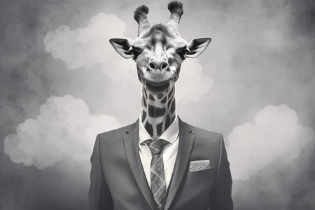 Cool Giraffe in jacket and tie on dark background. Business concept. Fashionable animals. Boss. Portrait. Monochrome. Black and dark. 3d vector illustrationの写真素材