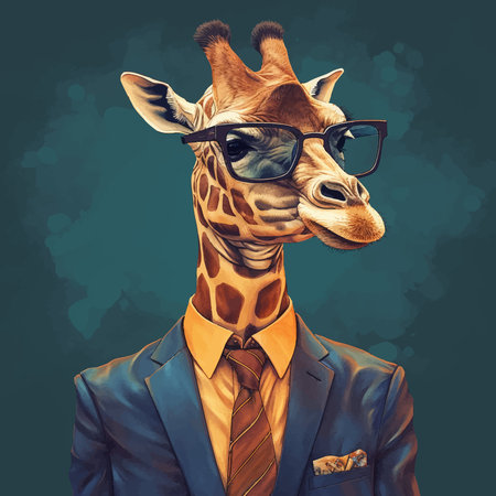 Cool Giraffe in suit, tie and glasses. Isolated on solid background. Business concept. Fashionable animals. Head. Boss. Portrait. Bright colors. 3d vector illustrationの写真素材